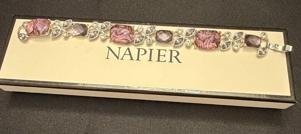 Vintage Napier Silver-Tone Purple Gemstone Rhinestone Flex Link Bracelet 7" x.5w